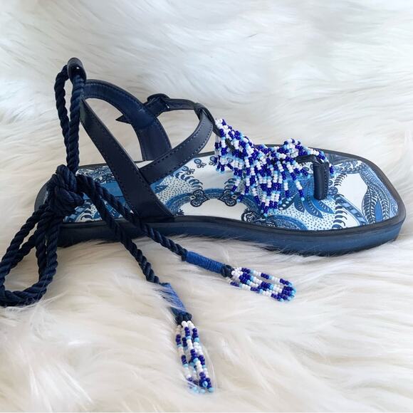 Farm Rio Blue Beaded Flat Lace Up Sandals White Vacation Size 6 NEW WITHOUT BOX - Picture 3 of 16